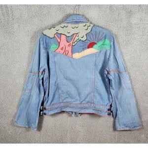 1970s Faded Glory Denim Jacket Sz S/M Flare Sleeve Sunset Scene Patch Festival